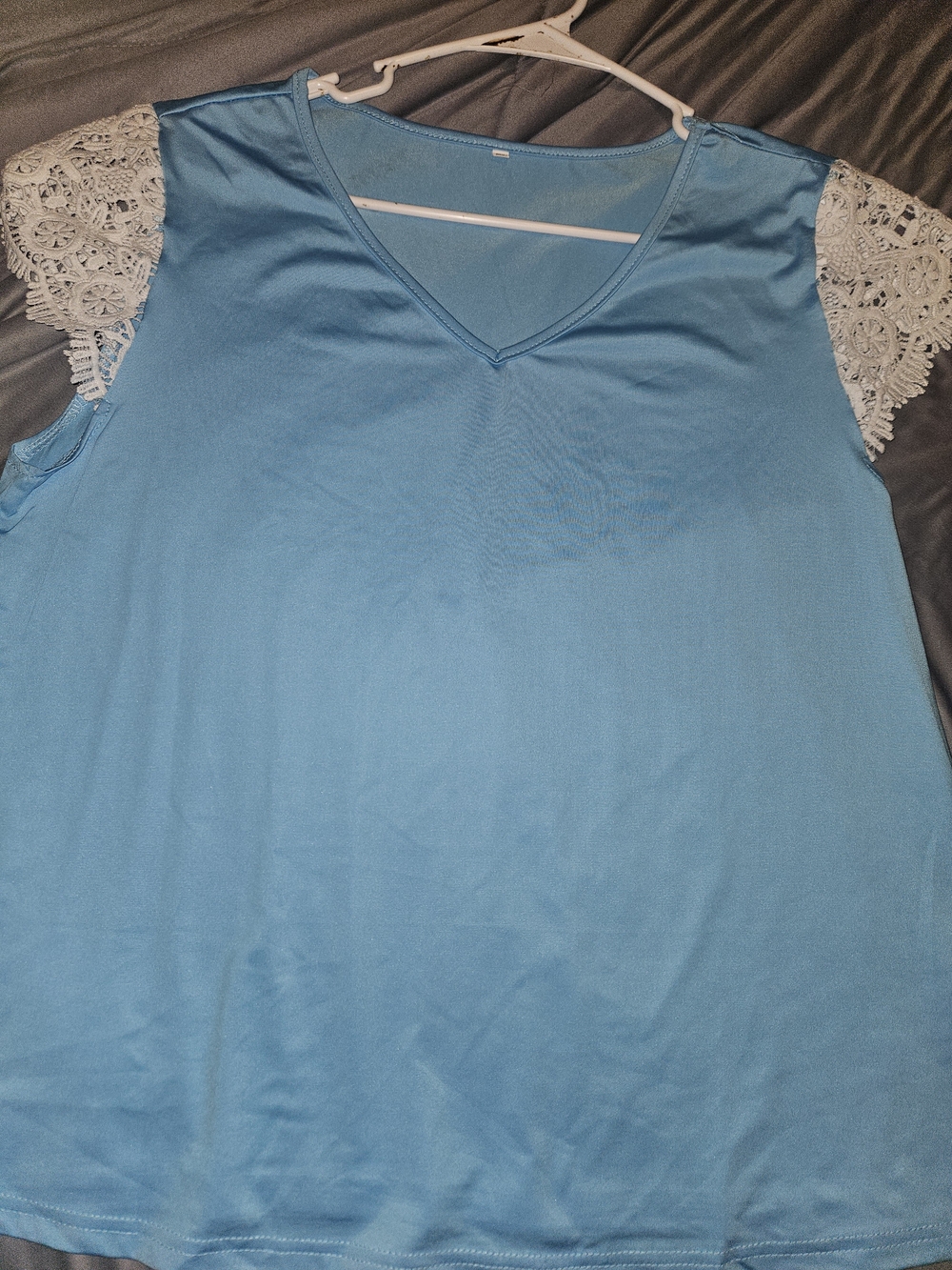 Women's Sky Blue V-Neck Top with Lace Sleeves